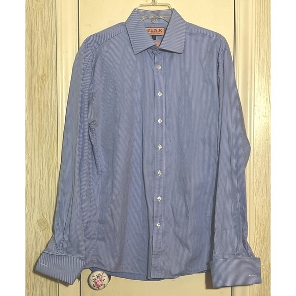 Mens Thomas Pink Long Sleeve Striped Shirt Slim Fit Size 16.5 - Picture 1 of 4